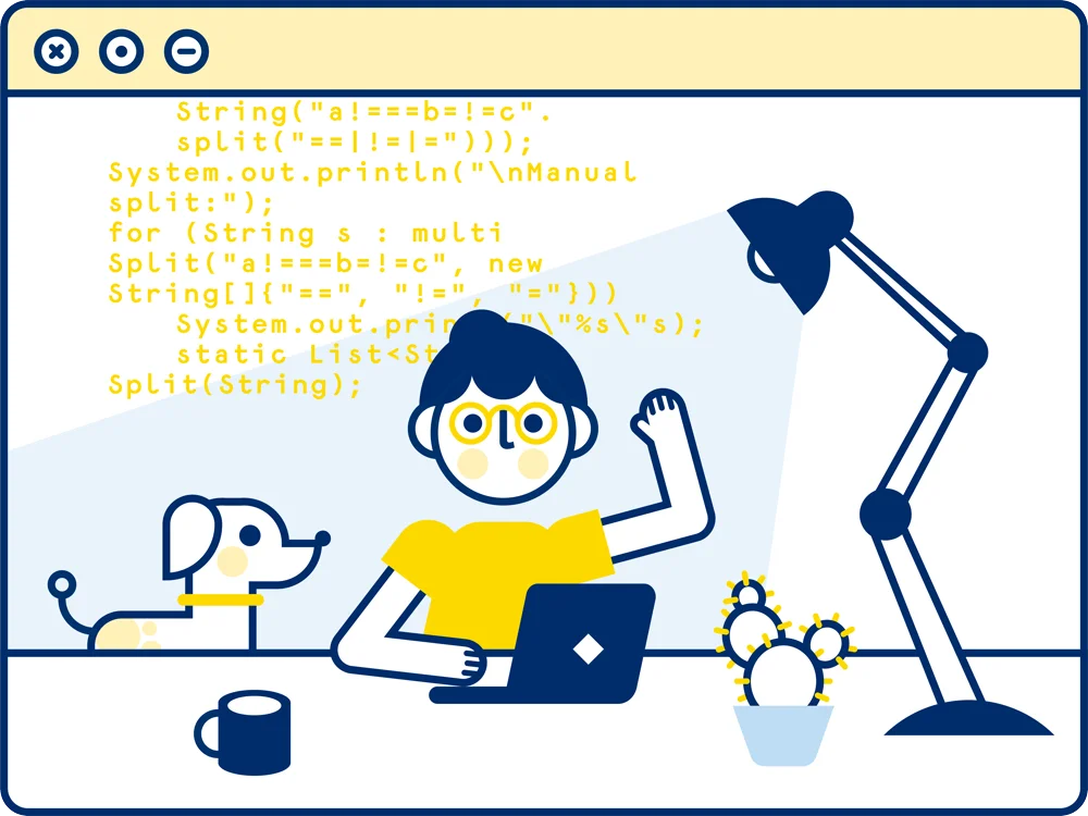 Desarrolladora programando con su perro, una lámpara y un cactus